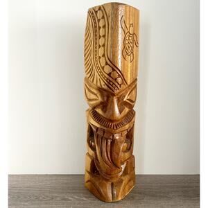 Hand Carved 17.5” Solid Wood Hawaiian Tiki Mask Warrior Totem Artist Signed 2013